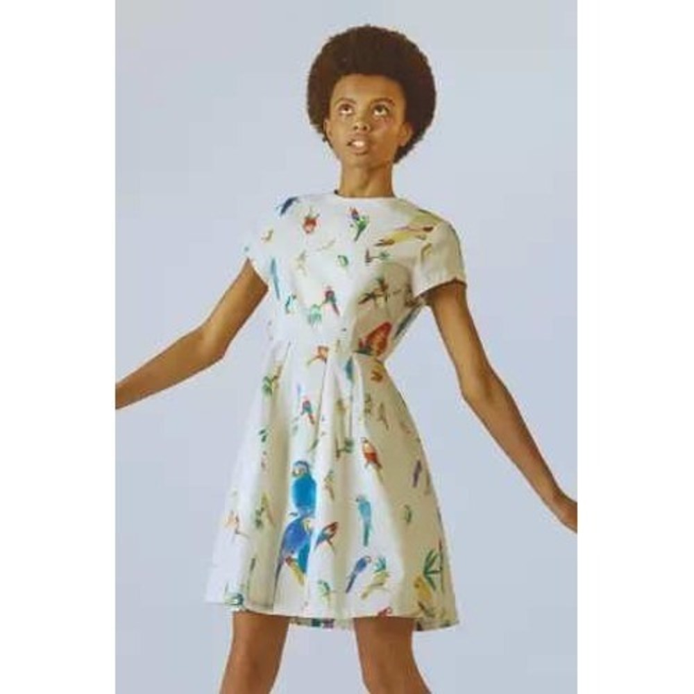 G. Kero Parrot Print‎ Dress Small White Tropical Bird Art Cotton Mini Novelty